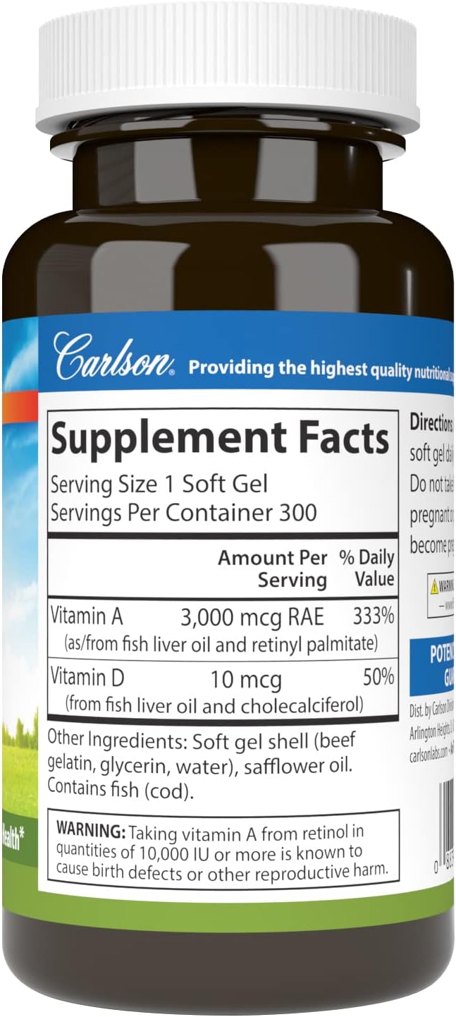 Carlson A & D 10000 IU Vitamin A 400 IU Vitamin D3 Soft Gels for Vision & Skin Health
