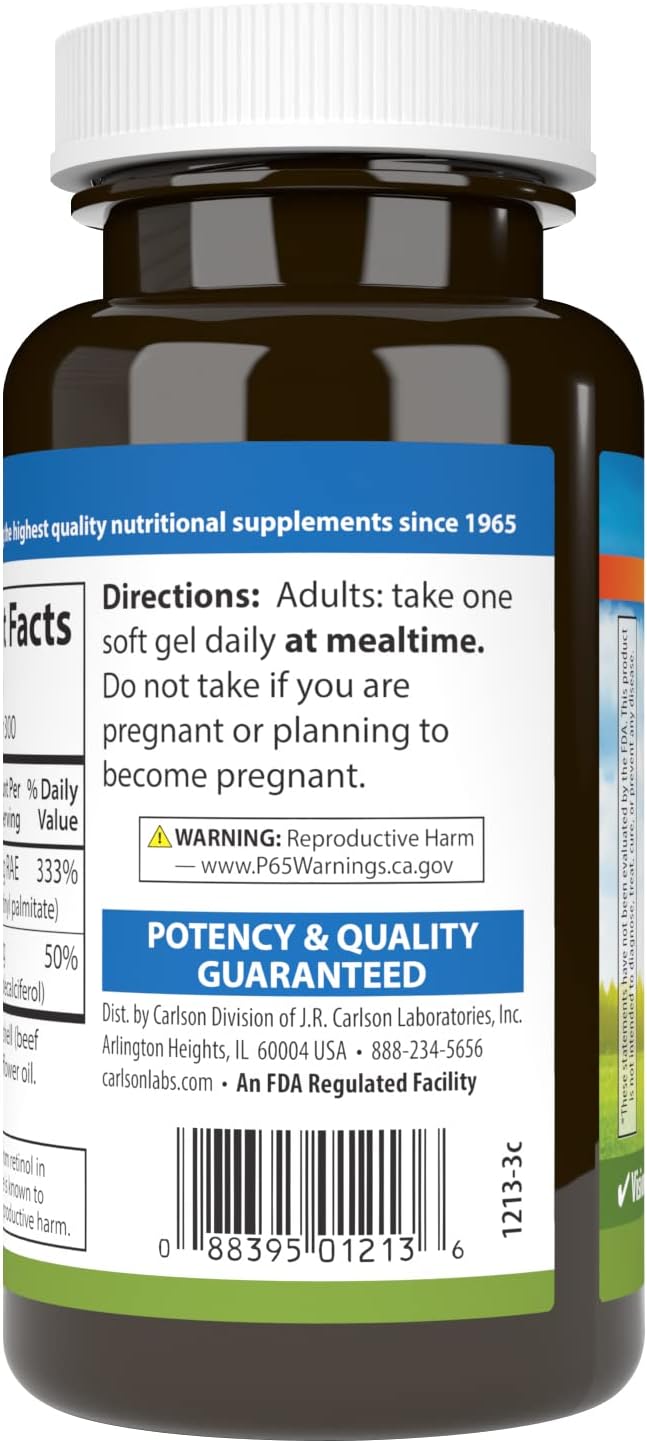 Carlson A & D 10000 IU Vitamin A 400 IU Vitamin D3 Soft Gels for Vision & Skin Health