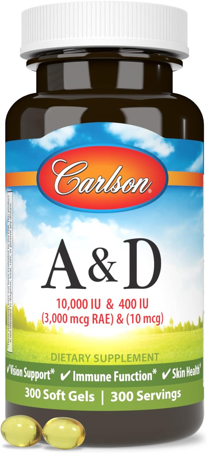Carlson A & D 10000 IU Vitamin A 400 IU Vitamin D3 Soft Gels for Vision & Skin Health