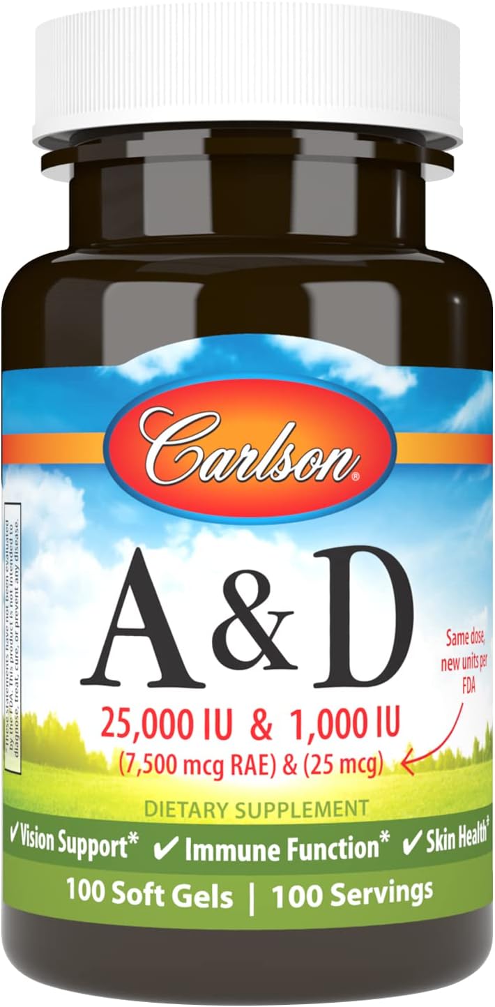 Carlson A & D Vision Support Softgels - 25000 IU Vitamin A, 1000 IU Vitamin D, Skin Health - 100 Count