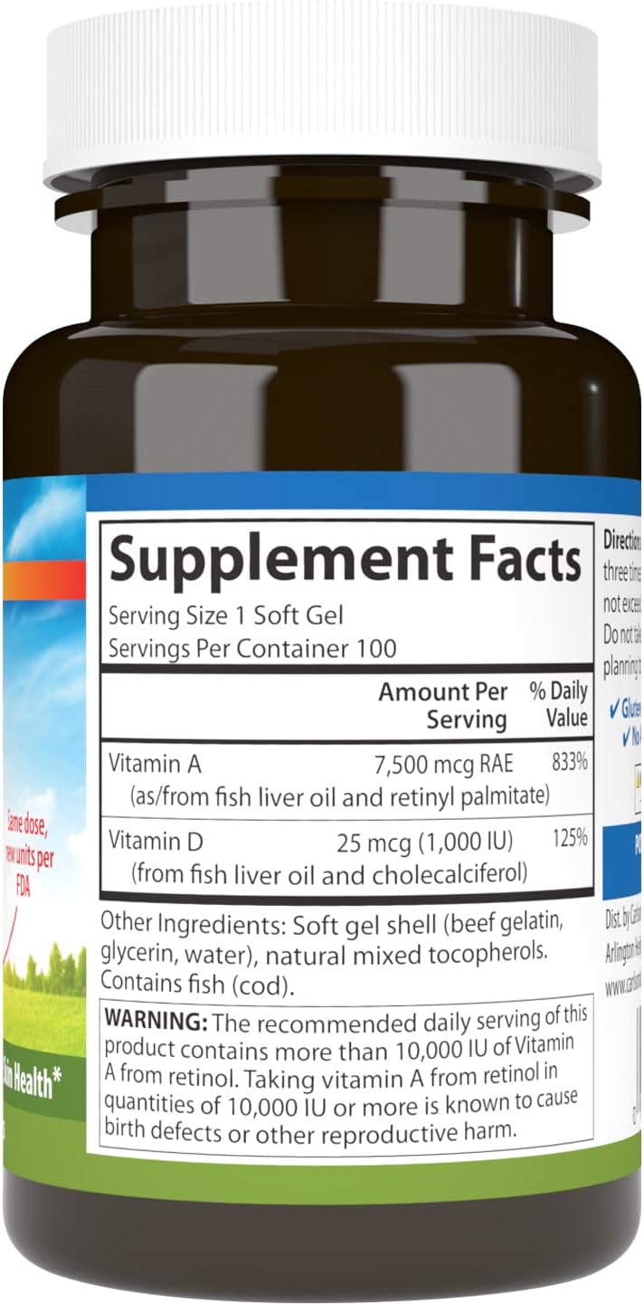 Carlson A & D Vision Support Softgels - 25000 IU Vitamin A, 1000 IU Vitamin D, Skin Health - 100 Count