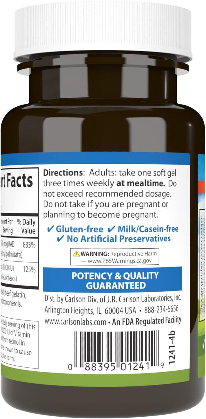 Carlson A & D Vision Support Softgels - 25000 IU Vitamin A, 1000 IU Vitamin D, Skin Health - 100 Count