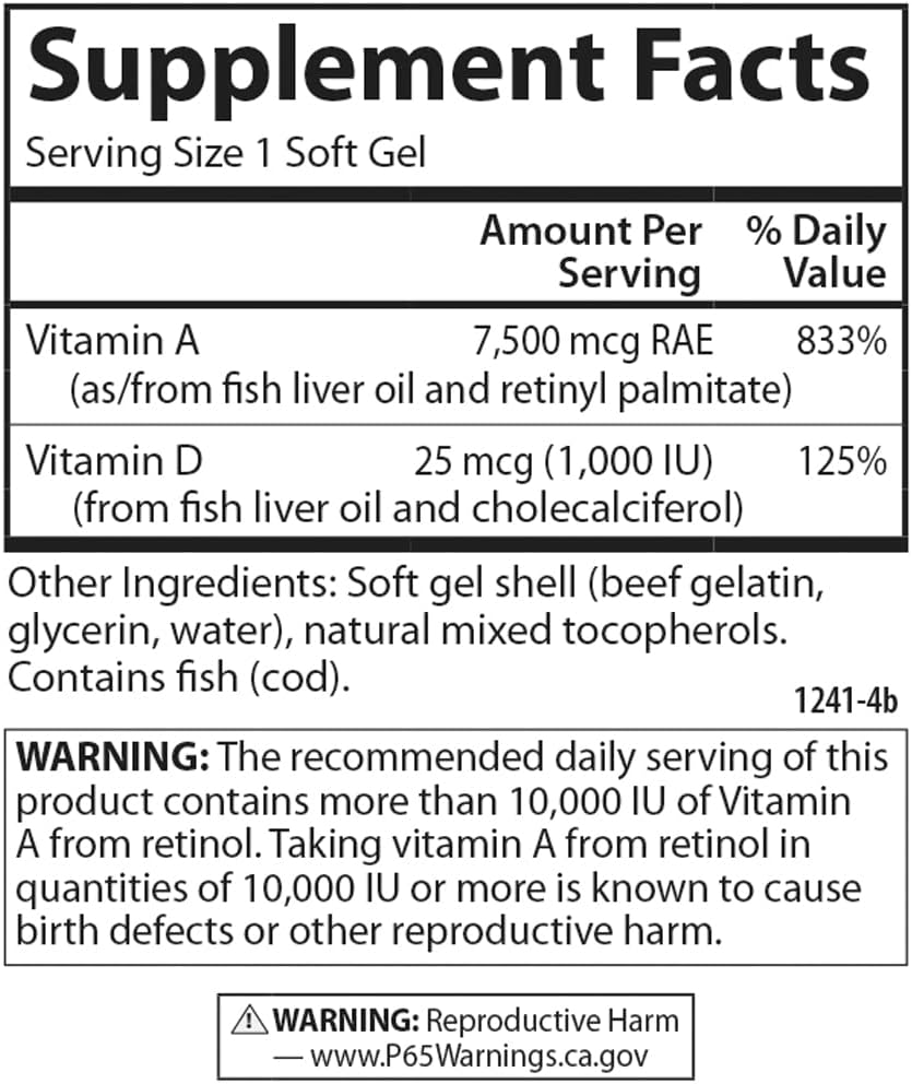 Carlson A & D Vision Support Softgels - 25000 IU Vitamin A, 1000 IU Vitamin D, Skin Health - 100 Count