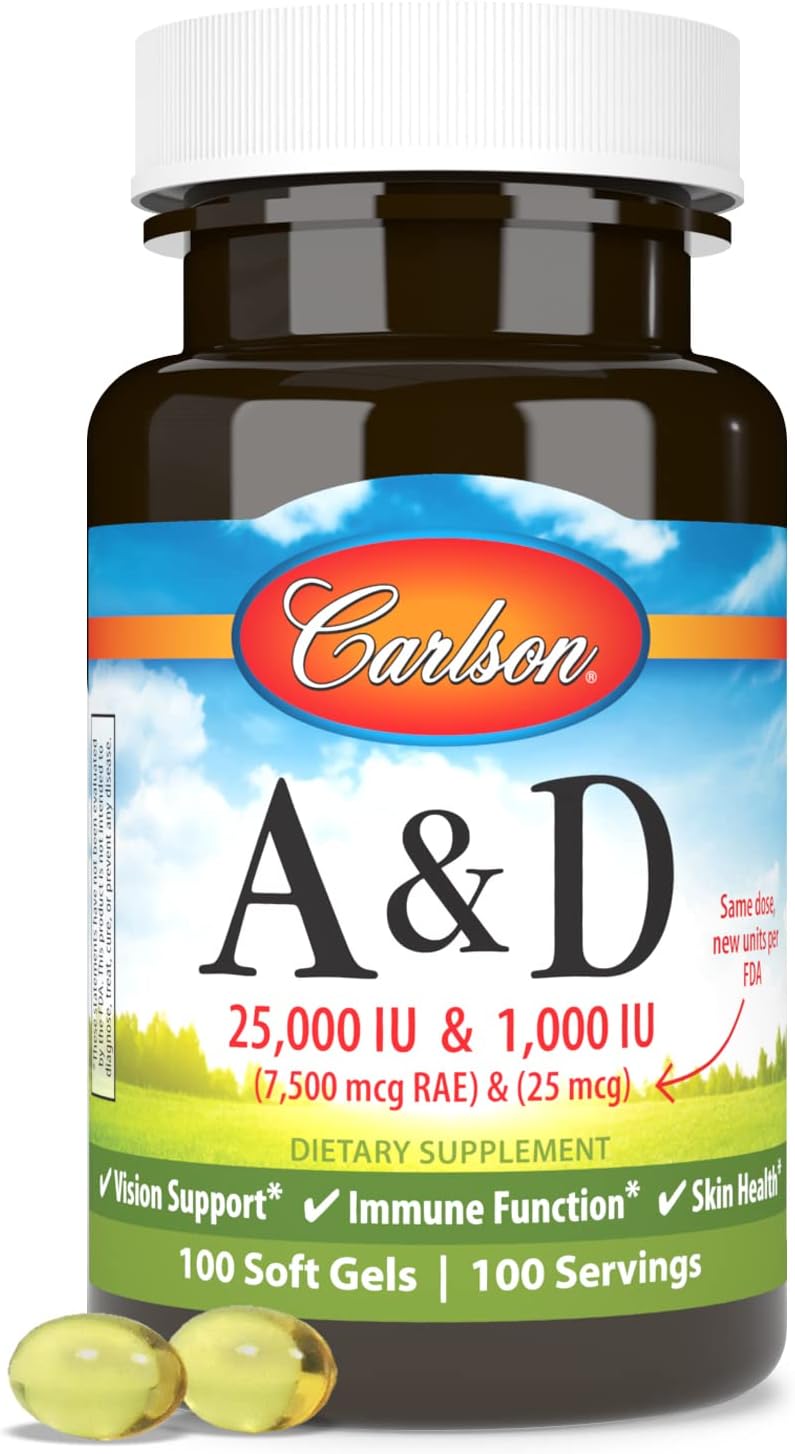 Carlson A & D Vision Support Softgels - 25000 IU Vitamin A, 1000 IU Vitamin D, Skin Health - 100 Count