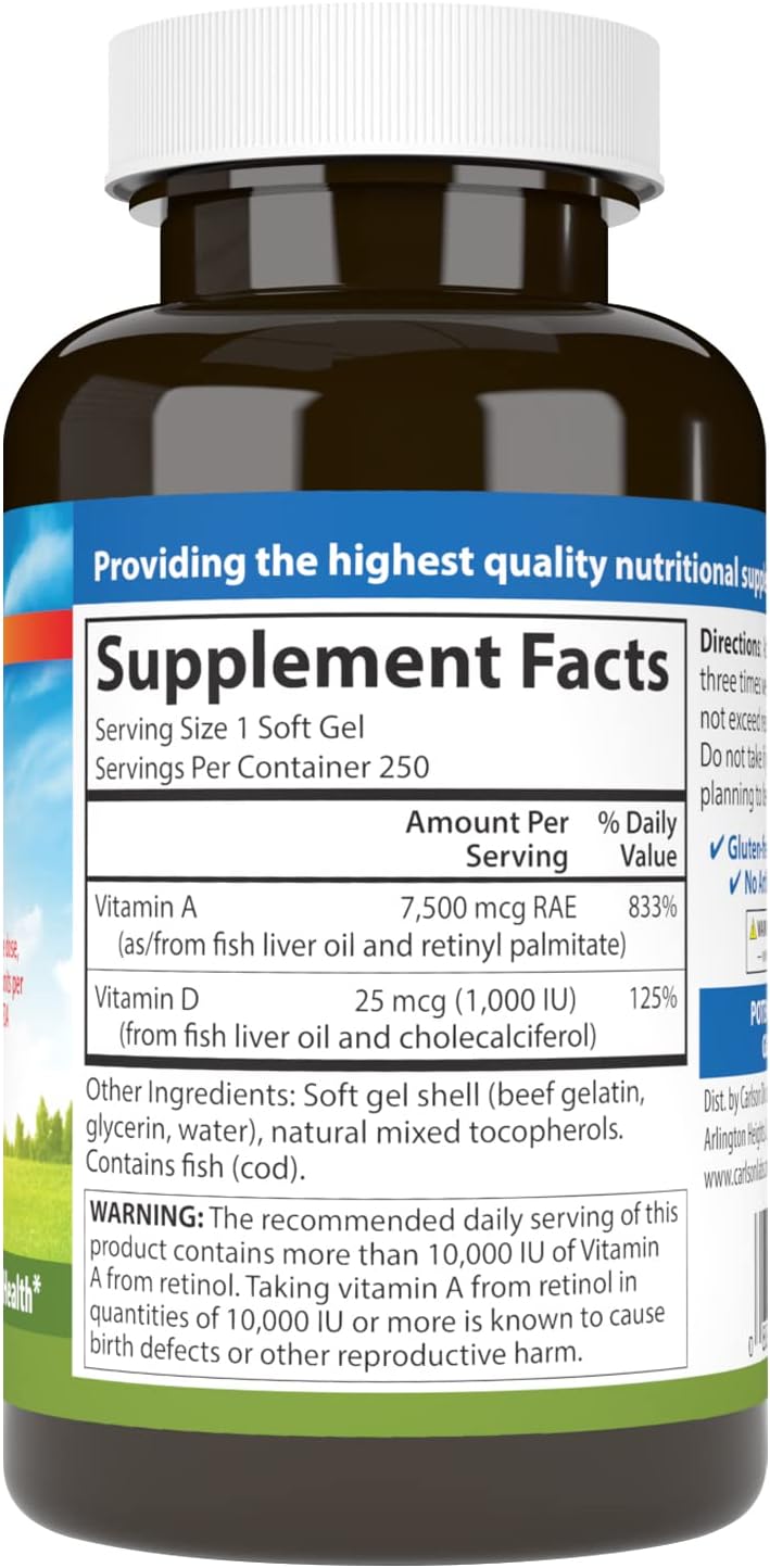 Carlson A & D Vitamin Supplement Softgels, 250 Count - Vision and Skin Health Support