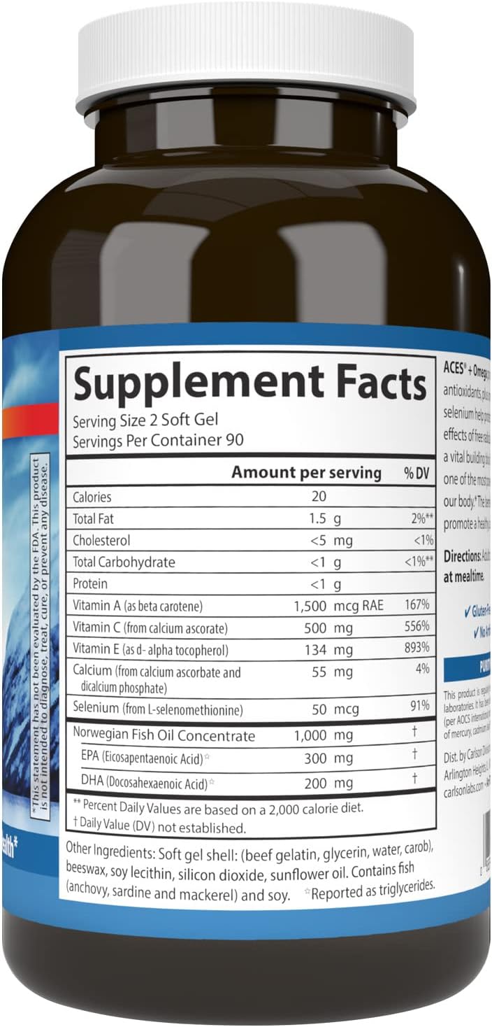 Carlson ACES + Omega Softgels - Vitamin A, C, E, Selenium, Omega-3 EPA, DHA for Health Support - 180 Count