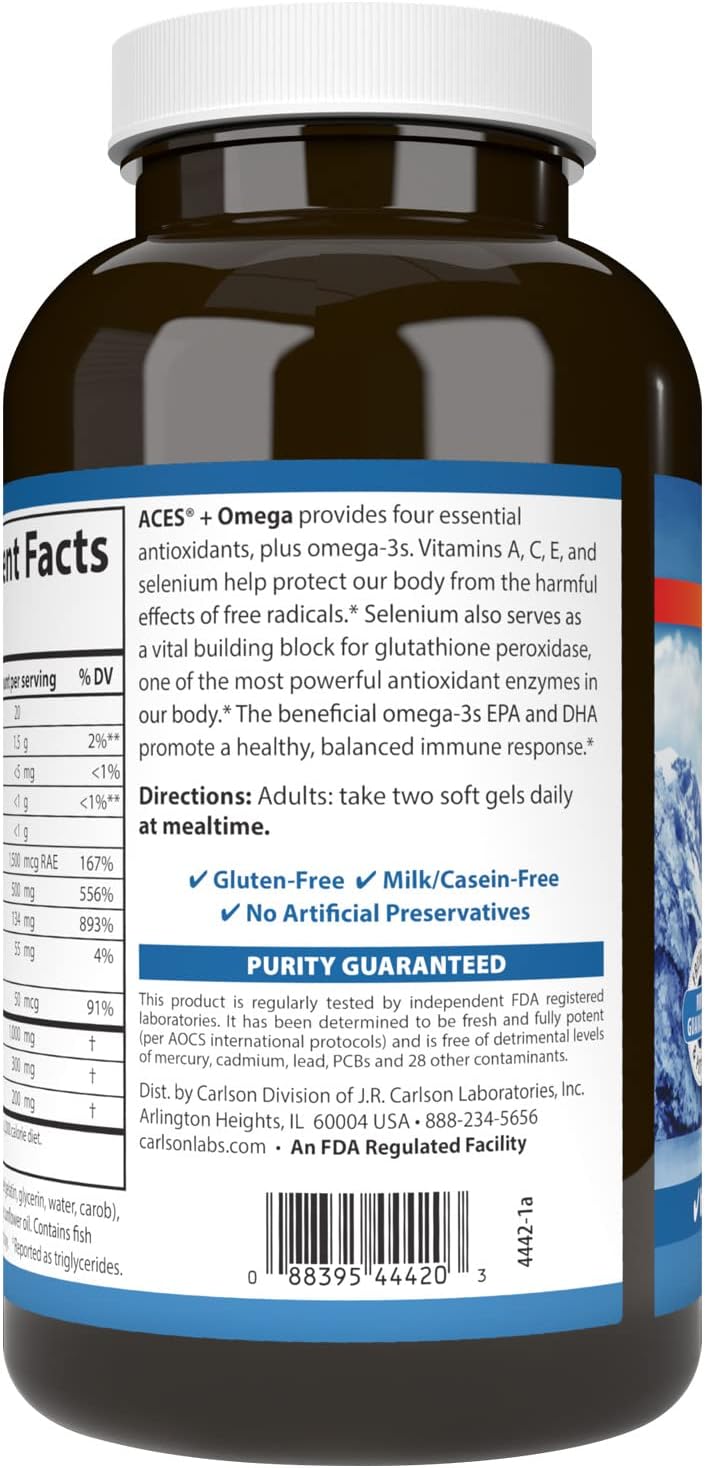 Carlson ACES + Omega Softgels - Vitamin A, C, E, Selenium, Omega-3 EPA, DHA for Health Support - 180 Count