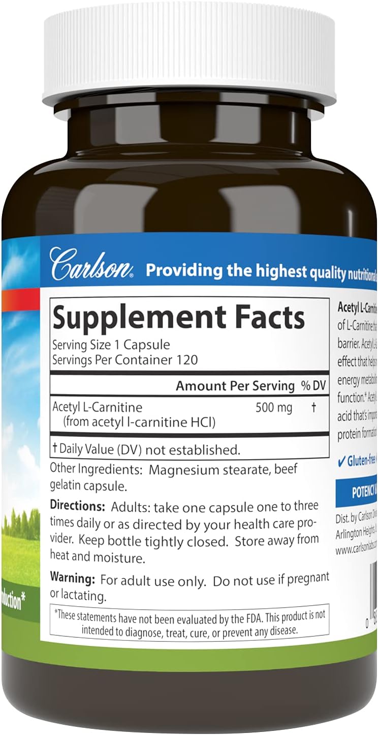 Carlson Acetyl L-Carnitine Capsules - 500 mg for Cognitive Health & Energy Production - 120 Count
