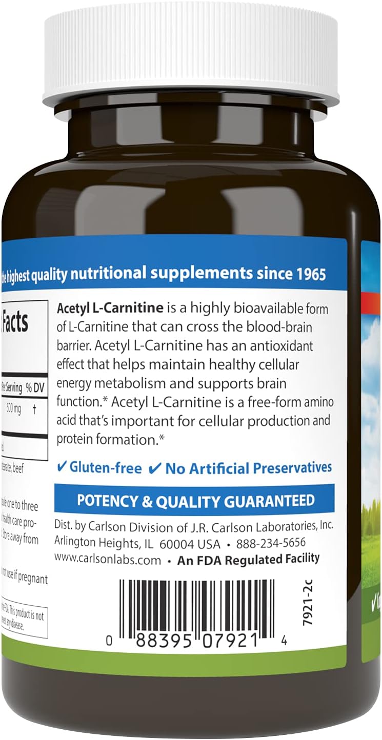 Carlson Acetyl L-Carnitine Capsules - 500 mg for Cognitive Health & Energy Production - 120 Count