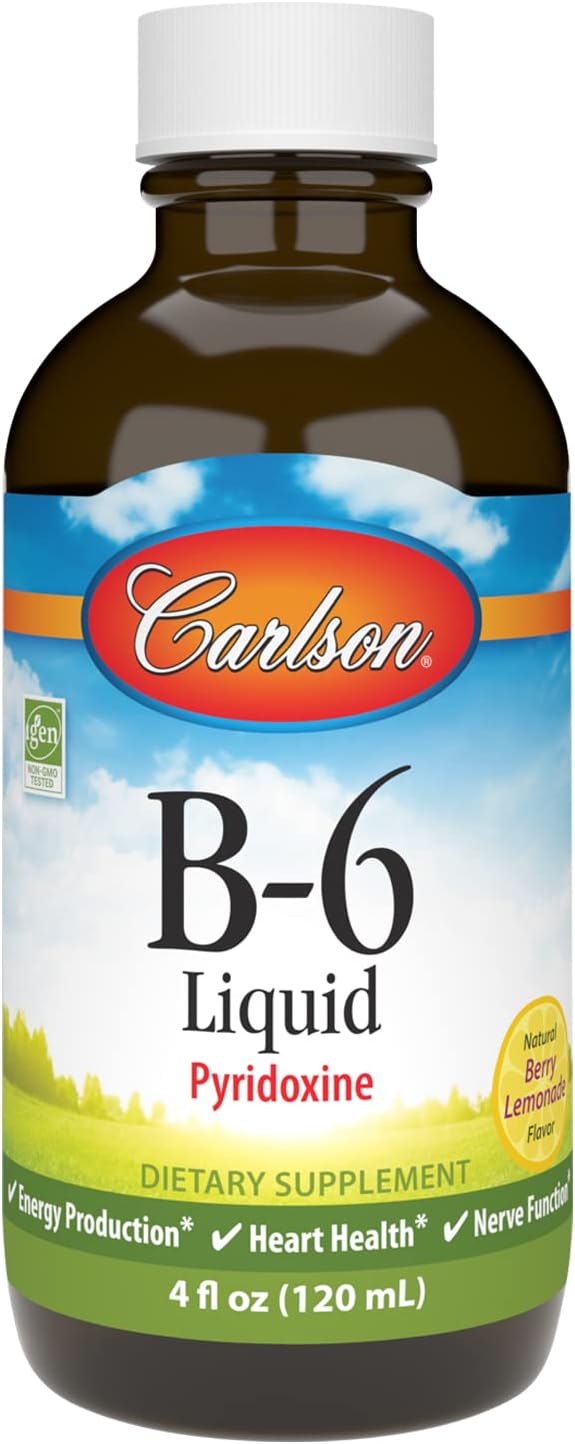 Carlson B-6 Liquid Supplement - Vitamin B-6 for Energy & Heart Health - Berry Lemonade Flavor - 120 mL