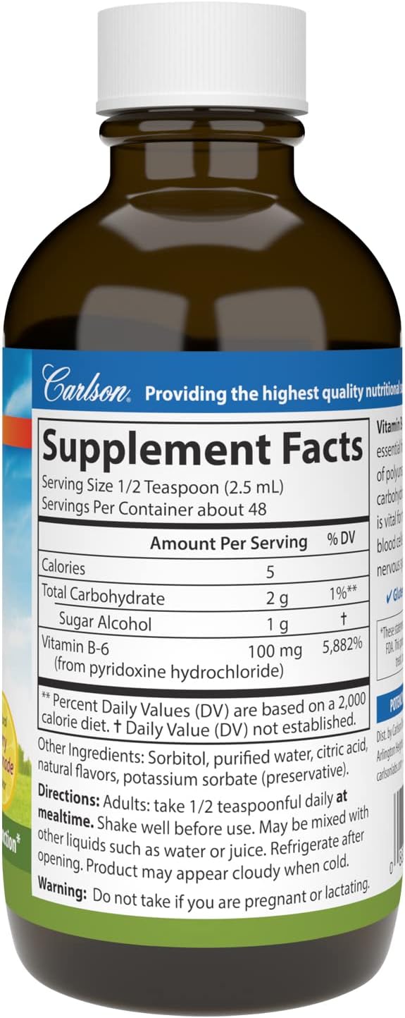 Carlson B-6 Liquid Supplement - Vitamin B-6 for Energy & Heart Health - Berry Lemonade Flavor - 120 mL