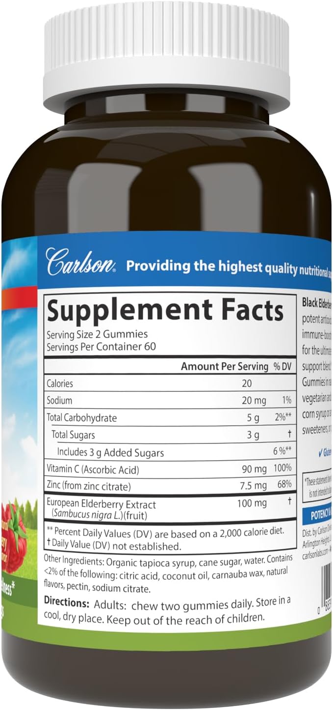 Carlson Black Elderberry Gummies with Vitamin C and Zinc for Immune Support - 120 Gummies