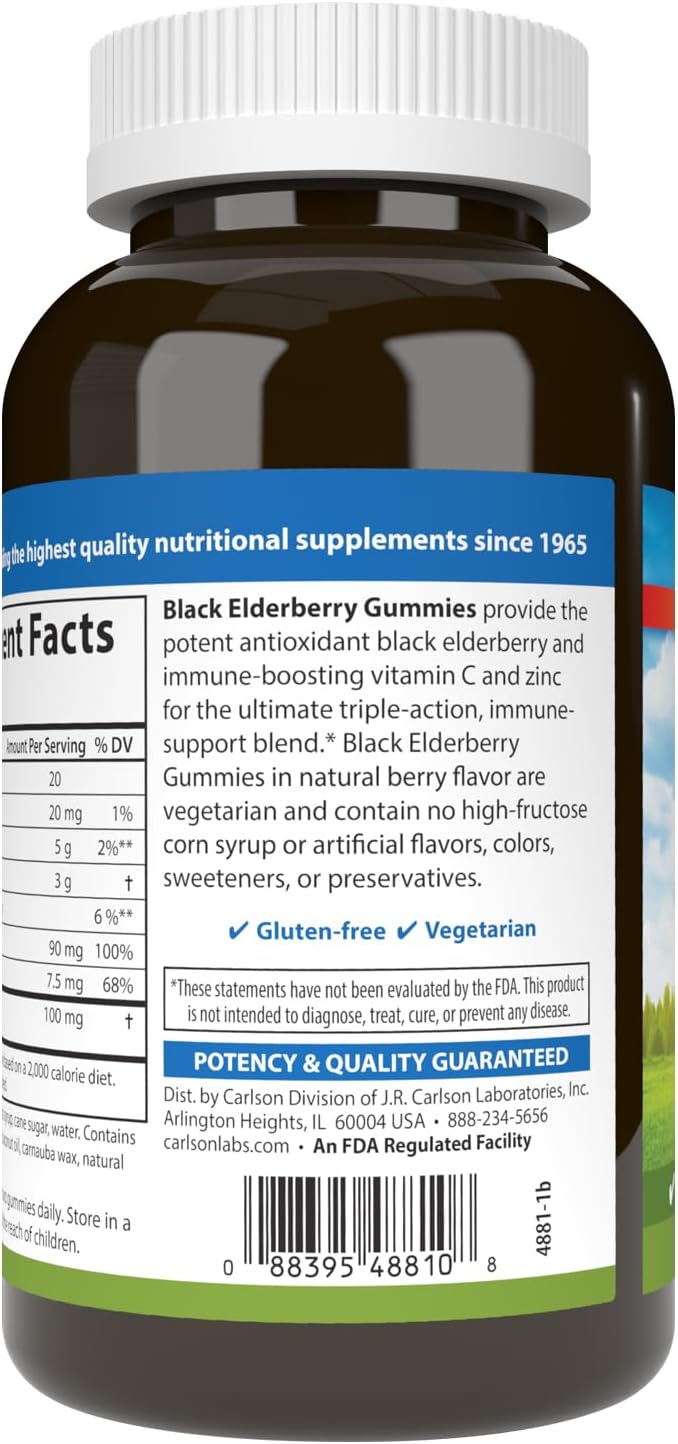 Carlson Black Elderberry Gummies with Vitamin C and Zinc for Immune Support - 120 Gummies