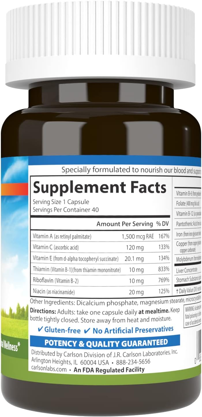 Carlson Blood Nutrients Capsules with 28mg Iron for Blood Development and Optimal Wellness