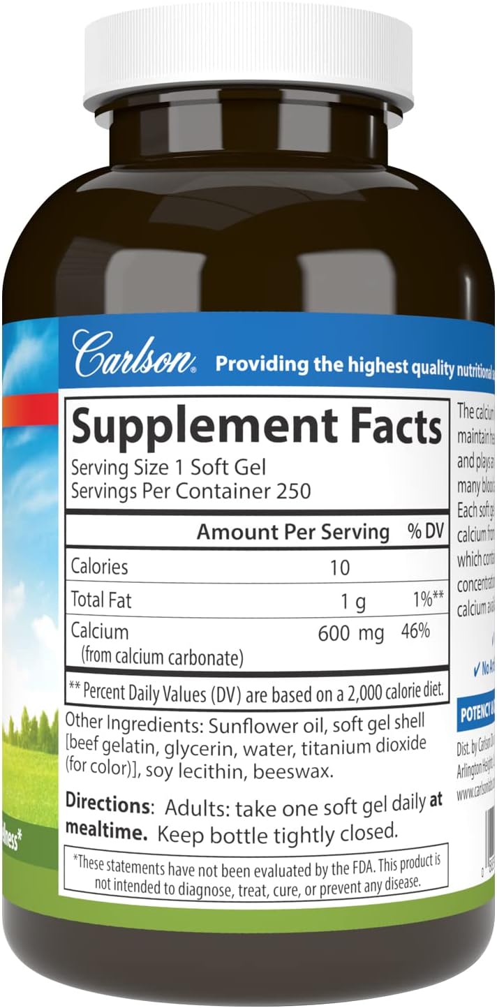Carlson Cal-600 Softgels - 600mg Calcium for Bone Support and Healthy Teeth, 250 Count