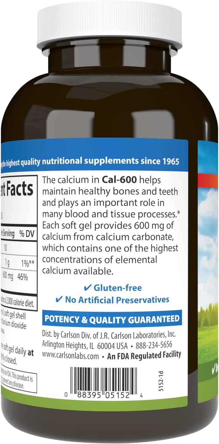 Carlson Cal-600 Softgels - 600mg Calcium for Bone Support and Healthy Teeth, 250 Count