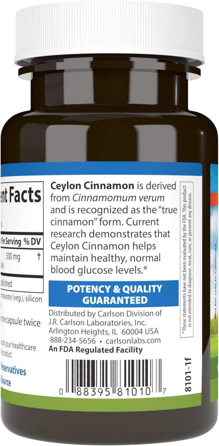 Carlson Ceylon Cinnamon Extract Capsules - 500 mg Supplement Pills (45 Count)