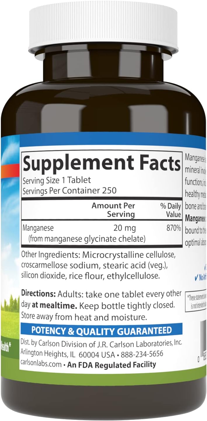 Carlson Chelated Manganese 20 mg Tablets - Supports Healthy Metabolism, Bone Health, and Brain Function, High Absorption Formula - 250 Count