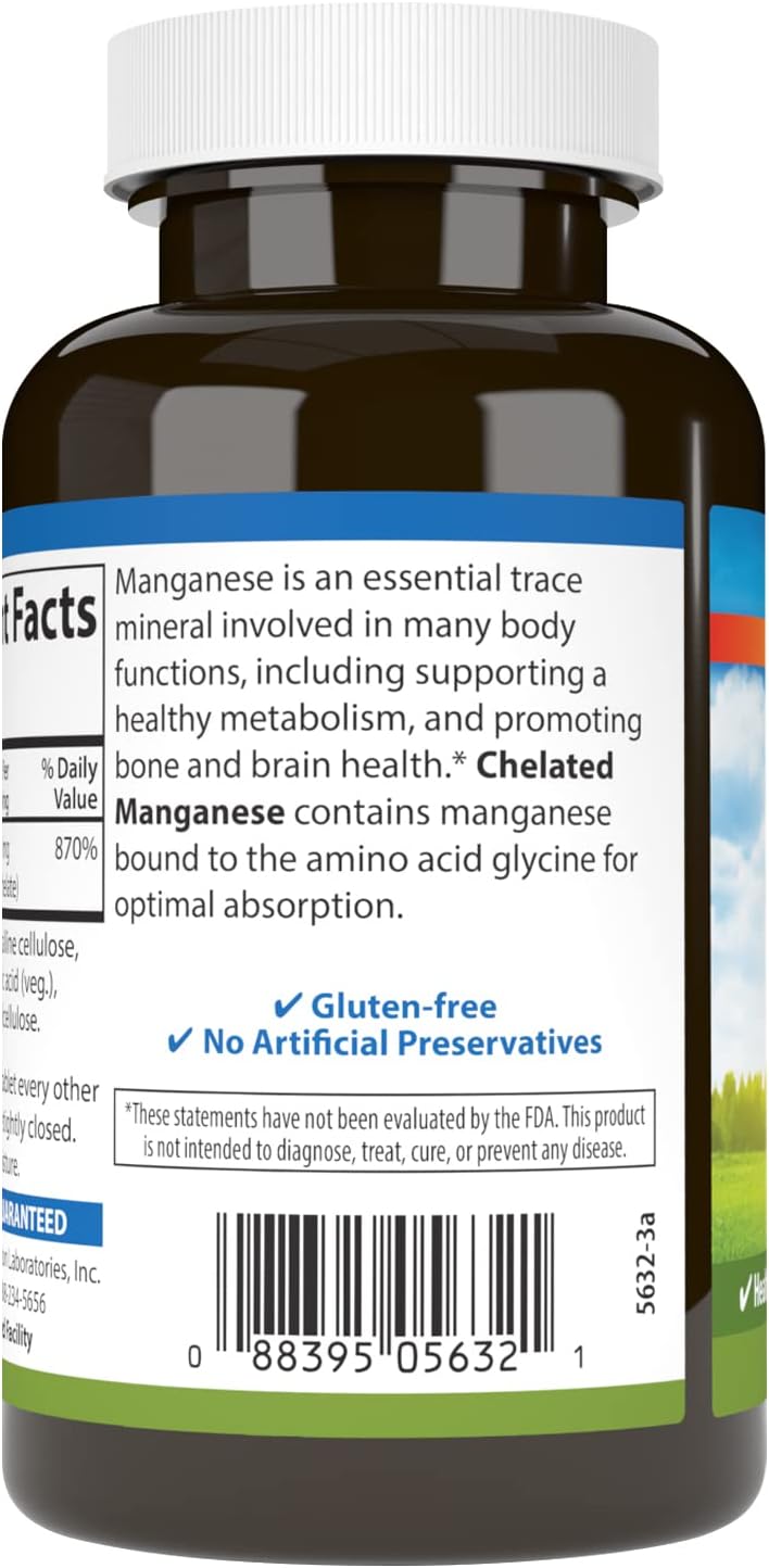 Carlson Chelated Manganese 20 mg Tablets - Supports Healthy Metabolism, Bone Health, and Brain Function, High Absorption Formula - 250 Count