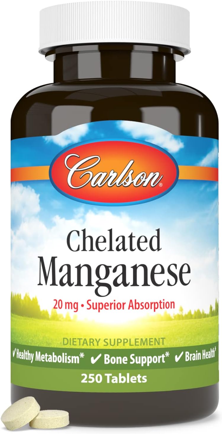Carlson Chelated Manganese 20 mg Tablets - Supports Healthy Metabolism, Bone Health, and Brain Function, High Absorption Formula - 250 Count