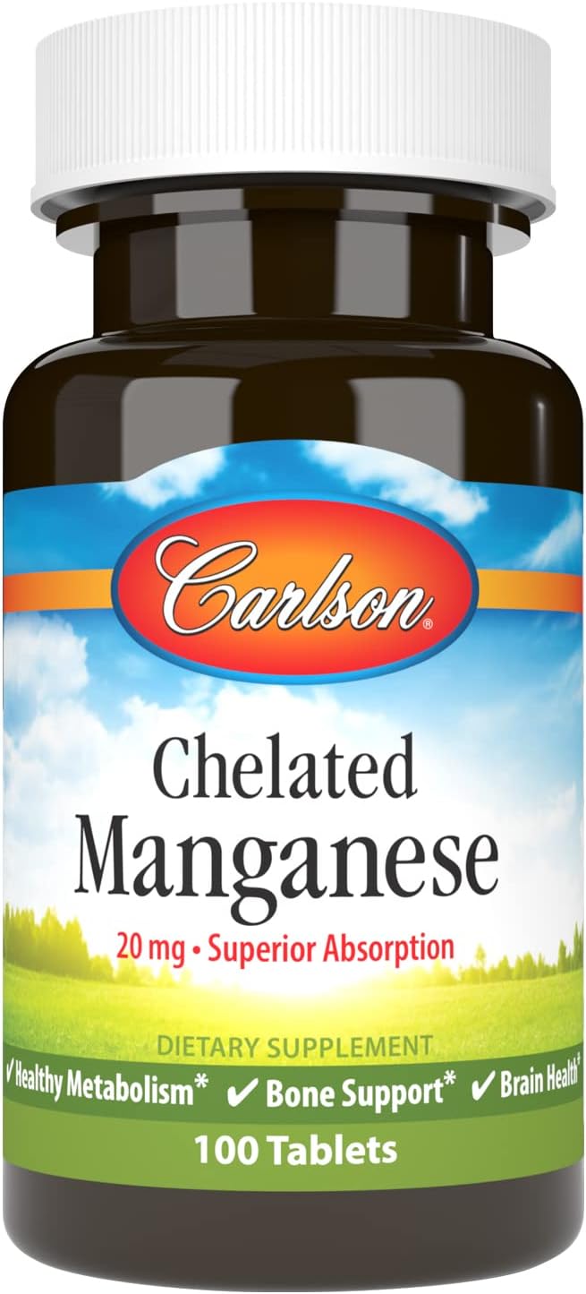 Carlson Chelated Manganese 20 mg Tablets for Enhanced Absorption, Metabolism, Bone & Brain Health - 100 Count