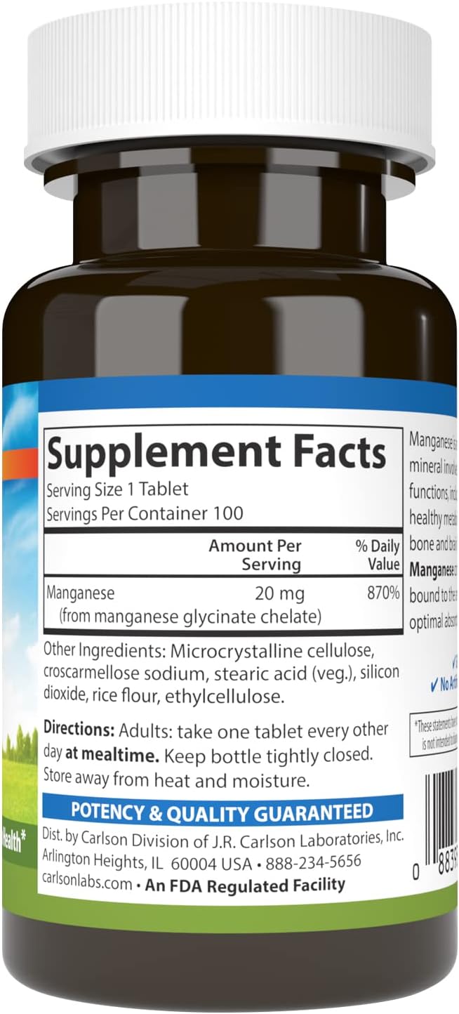 Carlson Chelated Manganese 20 mg Tablets for Enhanced Absorption, Metabolism, Bone & Brain Health - 100 Count