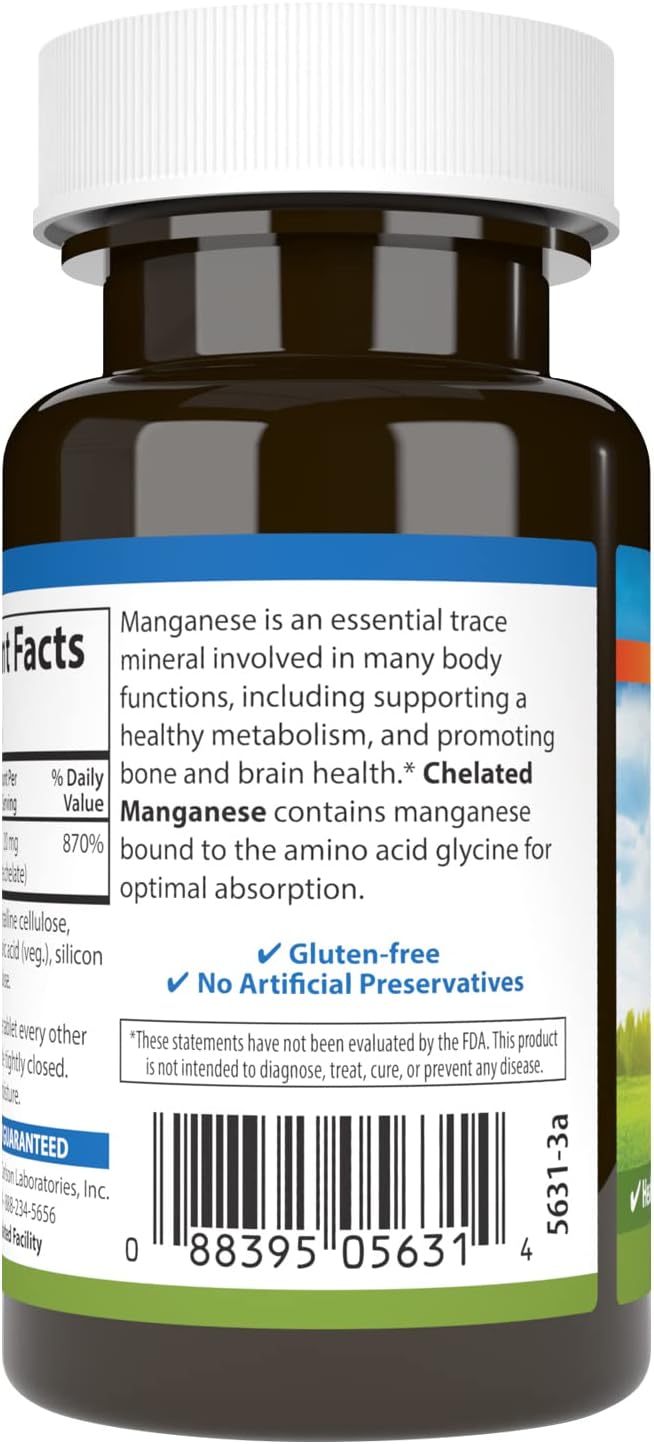 Carlson Chelated Manganese 20 mg Tablets for Enhanced Absorption, Metabolism, Bone & Brain Health - 100 Count