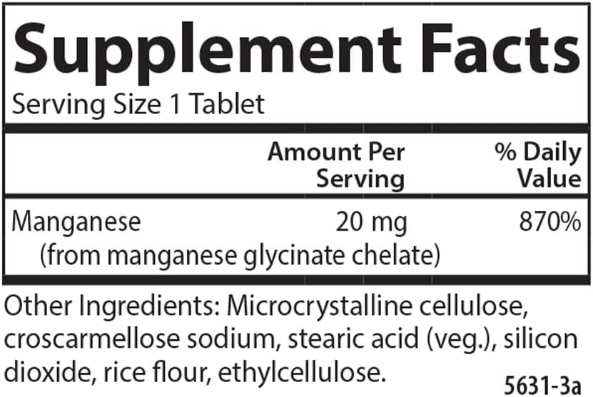Carlson Chelated Manganese 20 mg Tablets for Enhanced Absorption, Metabolism, Bone & Brain Health - 100 Count