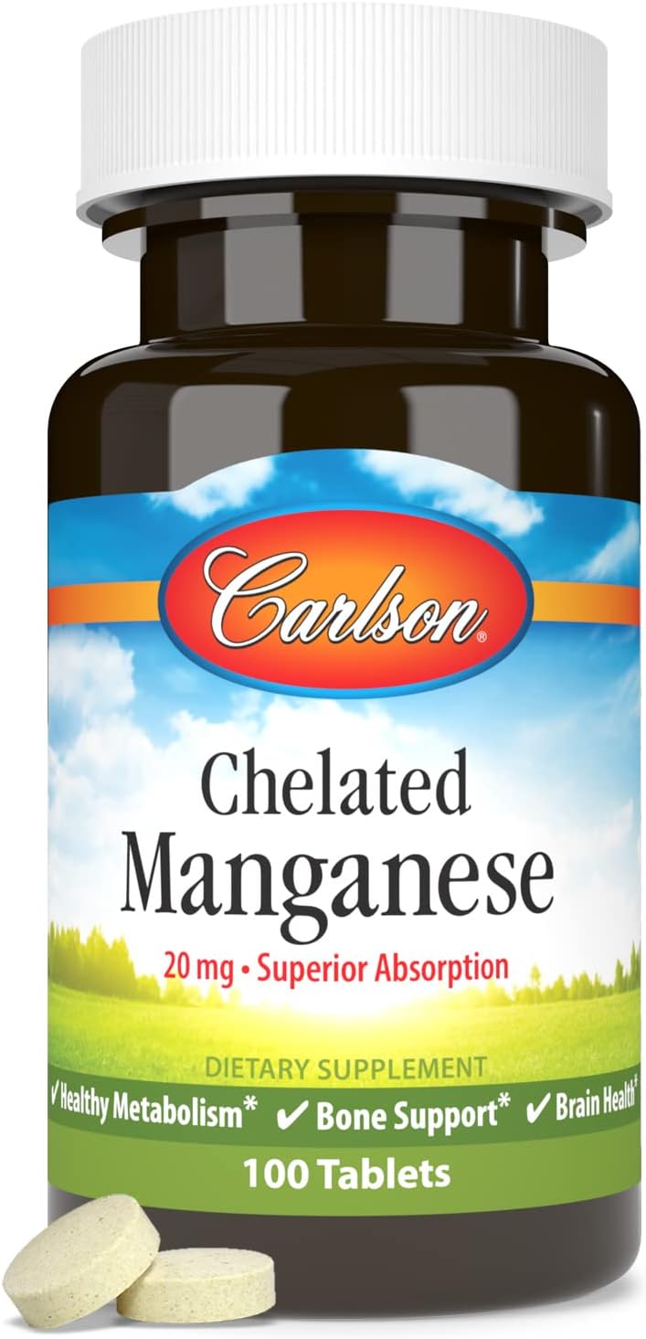 Carlson Chelated Manganese 20 mg Tablets for Enhanced Absorption, Metabolism, Bone & Brain Health - 100 Count