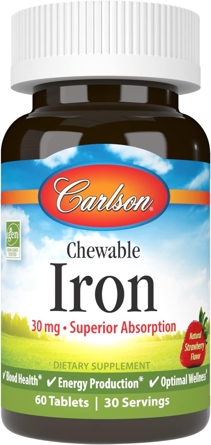 Carlson Chewable Iron Tablets - 30 mg, Natural Strawberry Flavor, Superior Absorption for Blood Health, Energy Production, and Wellness - 60 Count
