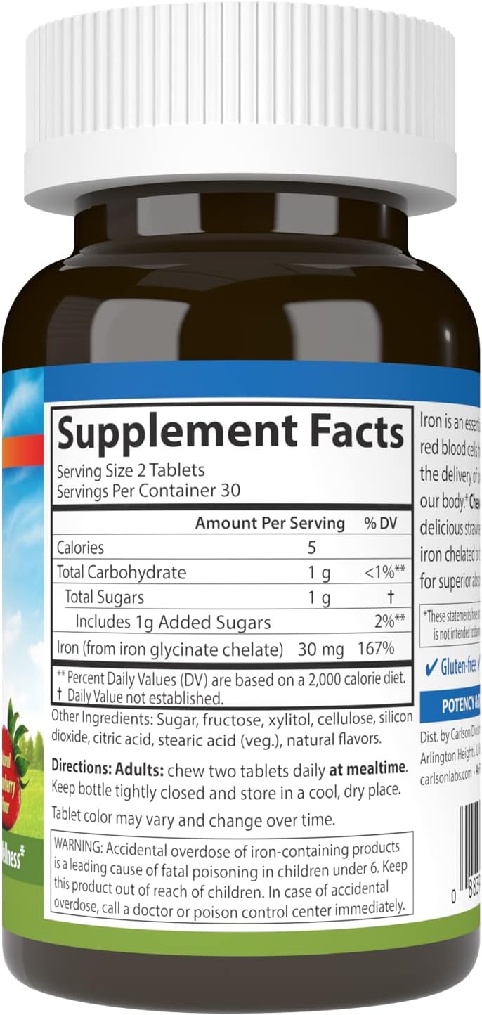 Carlson Chewable Iron Tablets - 30 mg, Natural Strawberry Flavor, Superior Absorption for Blood Health, Energy Production, and Wellness - 60 Count