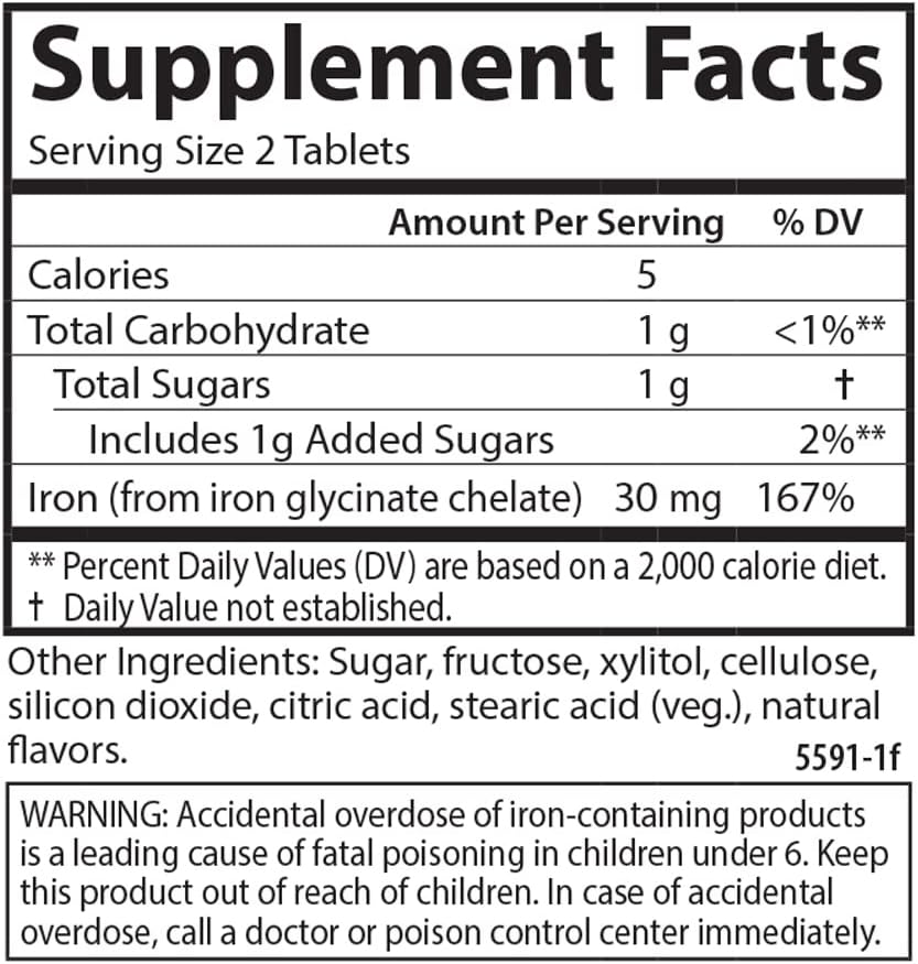 Carlson Chewable Iron Tablets - 30 mg, Natural Strawberry Flavor, Superior Absorption for Blood Health, Energy Production, and Wellness - 60 Count