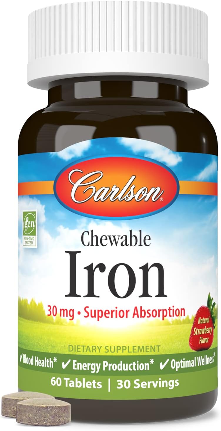 Carlson Chewable Iron Tablets - 30 mg, Natural Strawberry Flavor, Superior Absorption for Blood Health, Energy Production, and Wellness - 60 Count