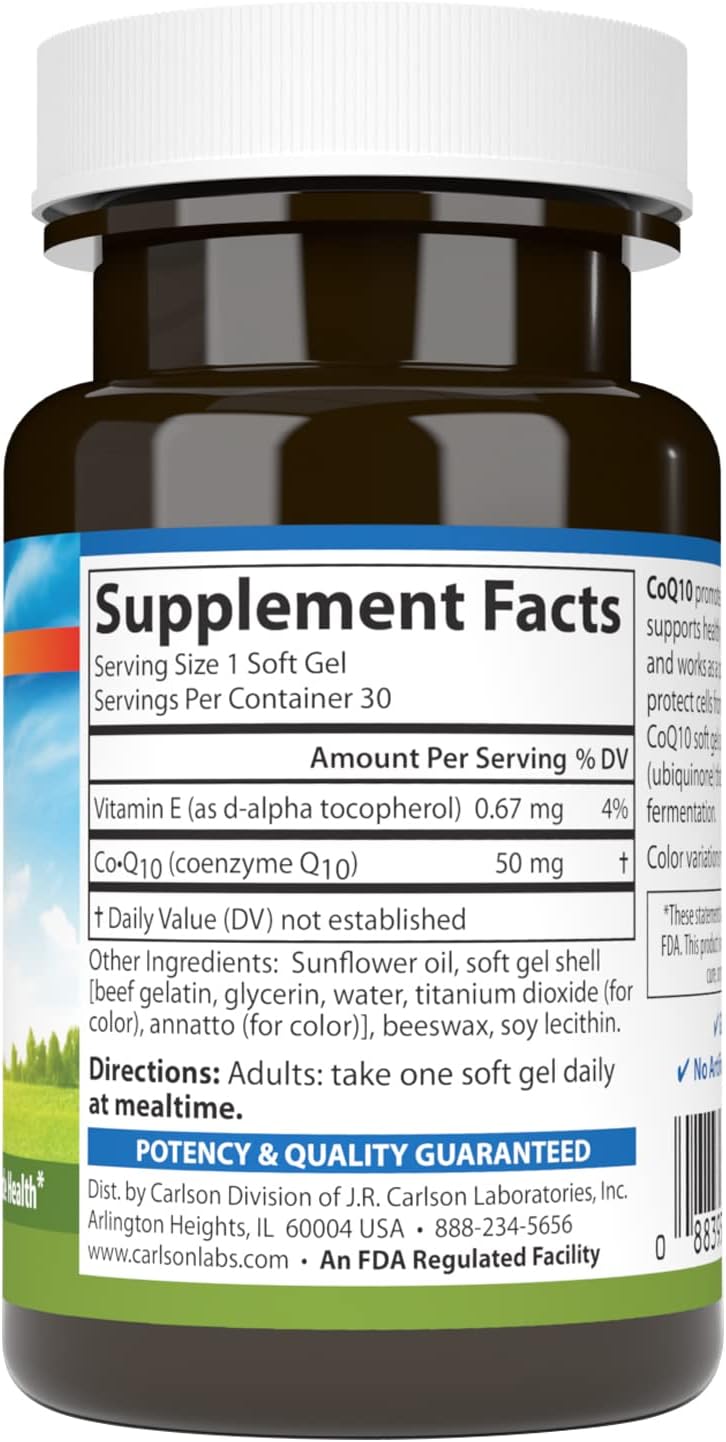 Carlson Co-Q10 50mg Softgels for Energy Production and Heart Health - 30 Count