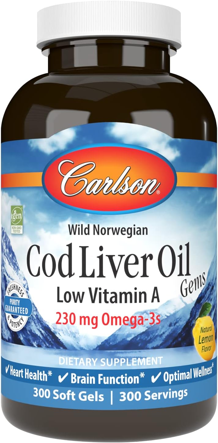 Carlson Cod Liver Oil Gems - Low Vitamin A, 230 mg Omega-3s, Norwegian, Wild Caught, Sustainably Sourced - 300 Softgels