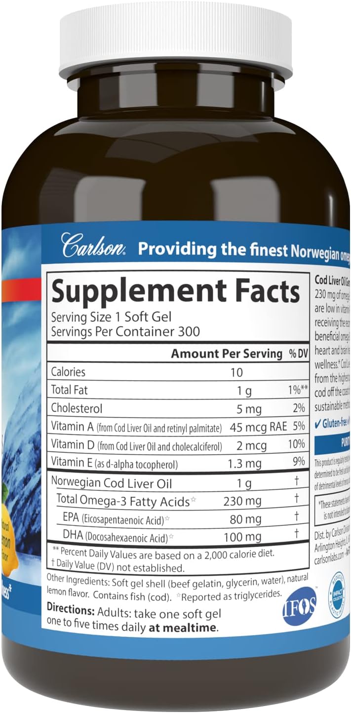 Carlson Cod Liver Oil Gems - Low Vitamin A, 230 mg Omega-3s, Norwegian, Wild Caught, Sustainably Sourced - 300 Softgels
