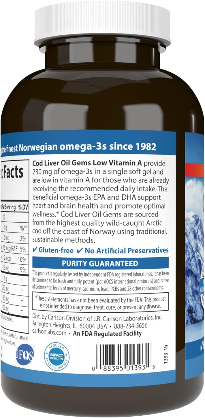 Carlson Cod Liver Oil Gems - Low Vitamin A, 230 mg Omega-3s, Norwegian, Wild Caught, Sustainably Sourced - 300 Softgels