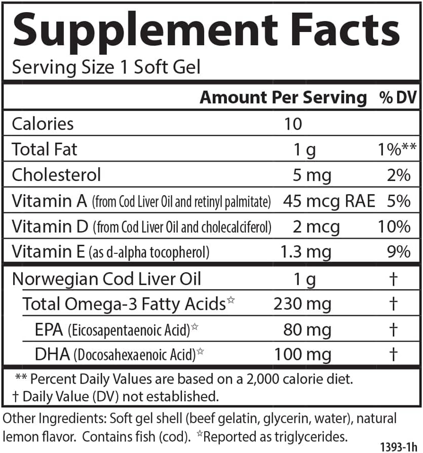 Carlson Cod Liver Oil Gems - Low Vitamin A, 230 mg Omega-3s, Norwegian, Wild Caught, Sustainably Sourced - 300 Softgels