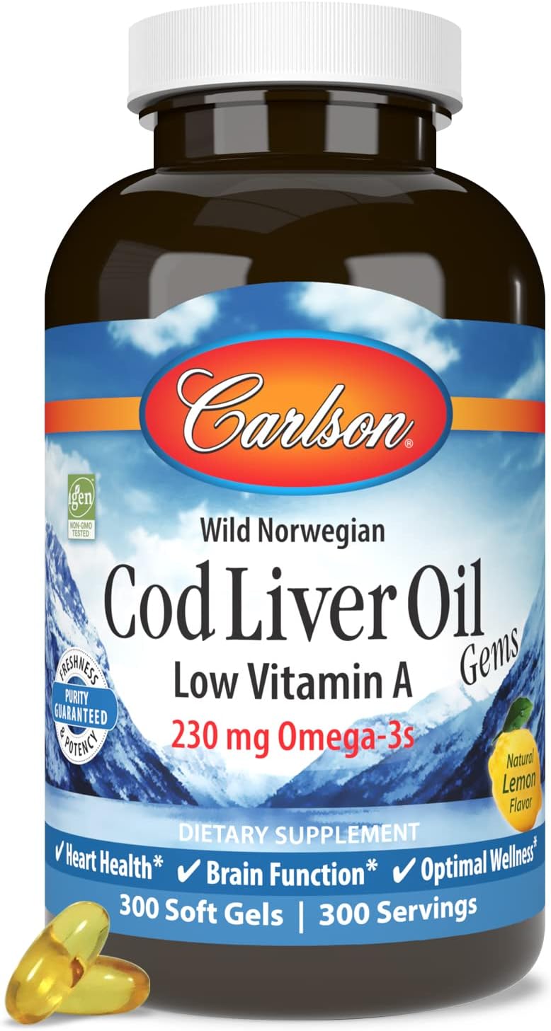 Carlson Cod Liver Oil Gems - Low Vitamin A, 230 mg Omega-3s, Norwegian, Wild Caught, Sustainably Sourced - 300 Softgels