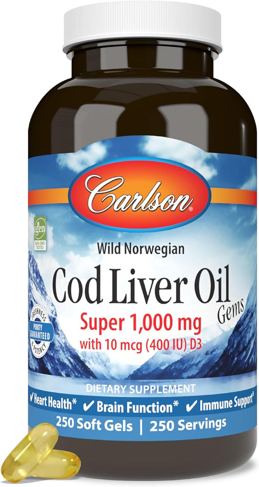 Carlson Cod Liver Oil Gems: 1000mg Omega-3s, 400 IU Vitamin D3, Norwegian Arctic Cod, 250 Softgels