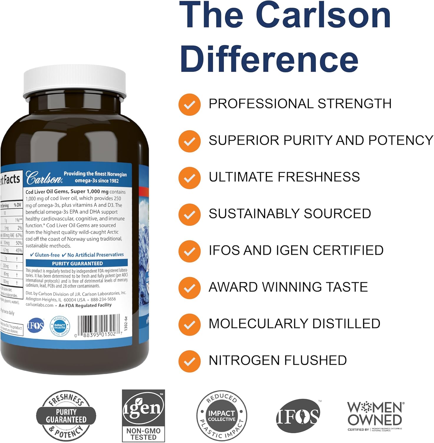 Carlson Cod Liver Oil Gems: 1000mg Omega-3s, 400 IU Vitamin D3, Norwegian Arctic Cod, 250 Softgels
