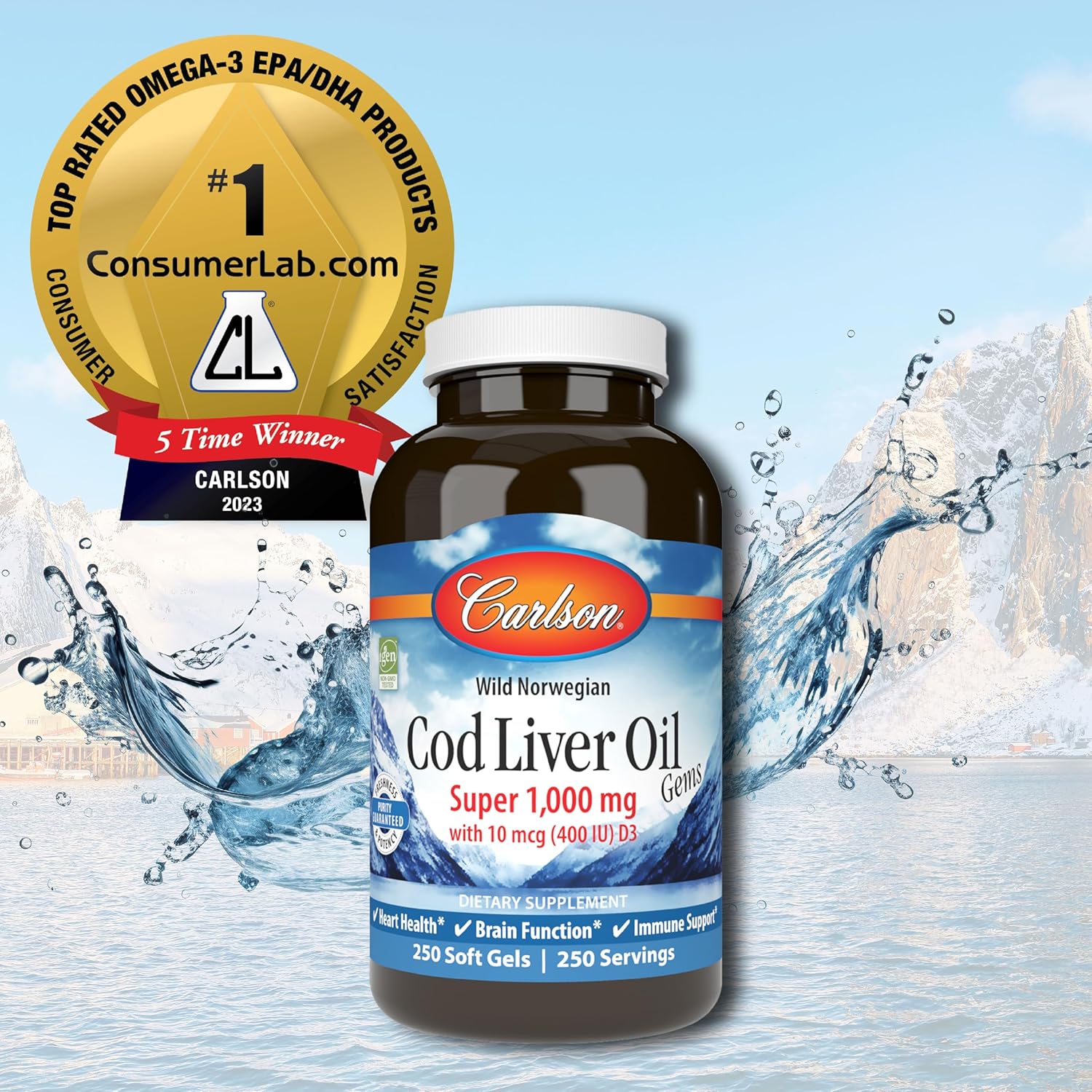 Carlson Cod Liver Oil Gems: 1000mg Omega-3s, 400 IU Vitamin D3, Norwegian Arctic Cod, 250 Softgels