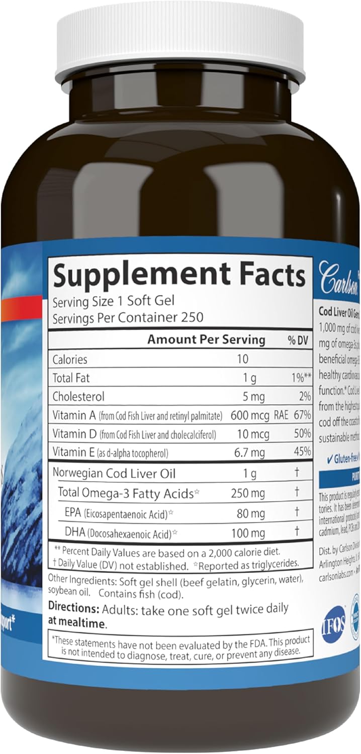 Carlson Cod Liver Oil Gems: 1000mg Omega-3s, 400 IU Vitamin D3, Norwegian Arctic Cod, 250 Softgels