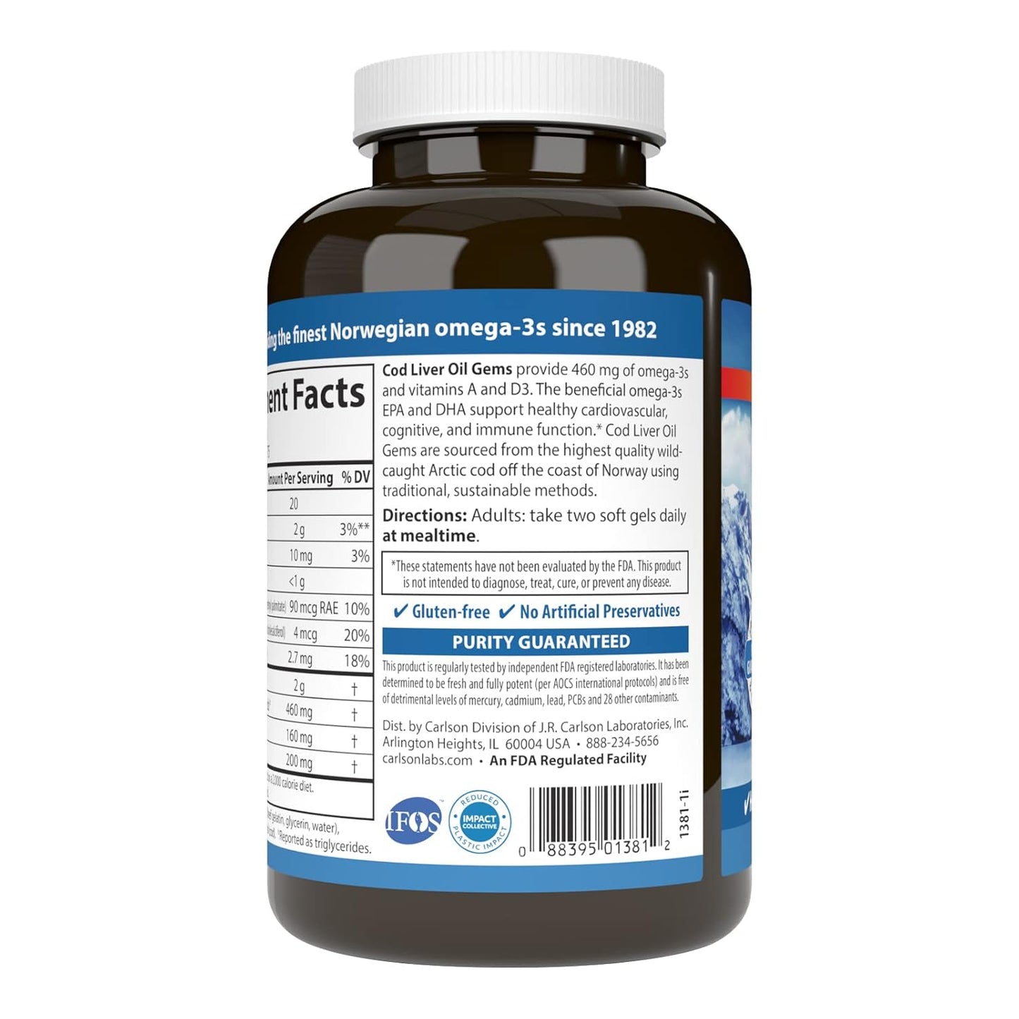 Carlson Cod Liver Oil Gems: 460mg Omega-3s, Vitamins A & D3, Wild Caught Norwegian Arctic Cod, Nordic Fish Oil Softgels