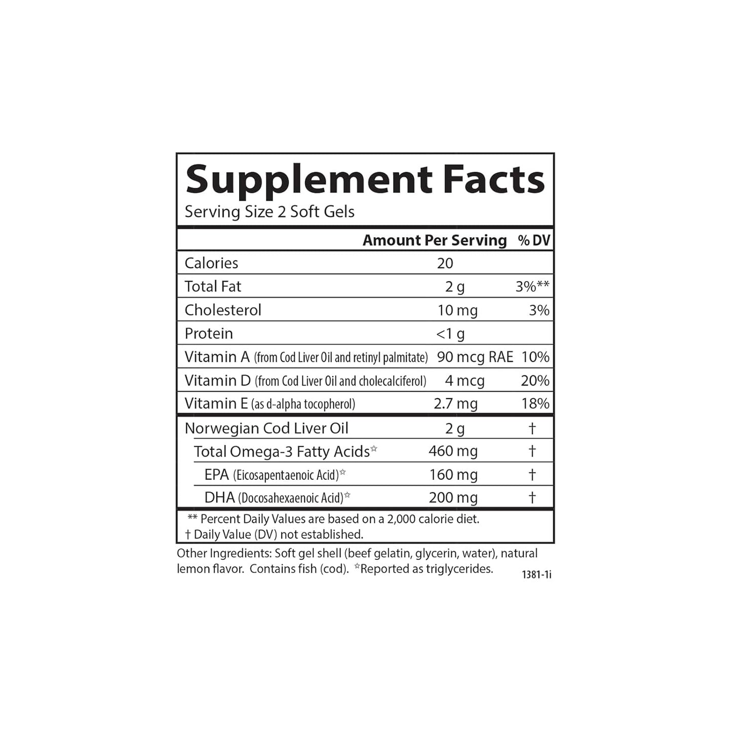 Carlson Cod Liver Oil Gems: 460mg Omega-3s, Vitamins A & D3, Wild Caught Norwegian Arctic Cod, Nordic Fish Oil Softgels