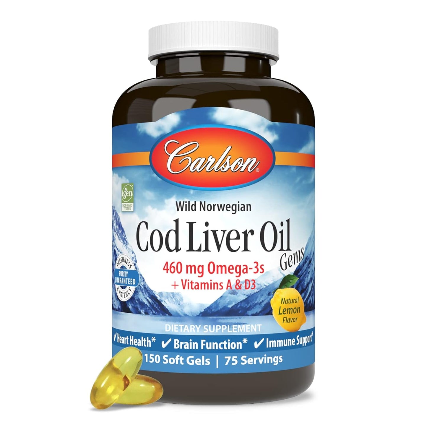 Carlson Cod Liver Oil Gems: 460mg Omega-3s, Vitamins A & D3, Wild Caught Norwegian Arctic Cod, Nordic Fish Oil Softgels