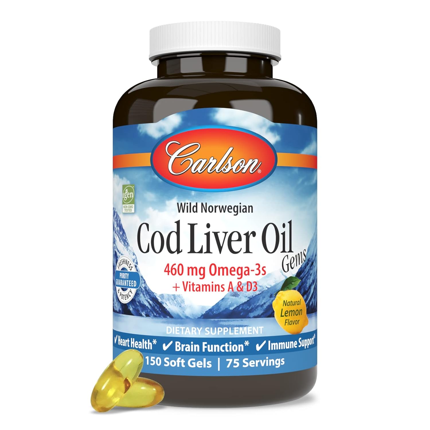 Carlson Cod Liver Oil Gems: 460mg Omega-3s, Vitamins A & D3, Wild Caught Norwegian Arctic Cod, Nordic Fish Oil Softgels