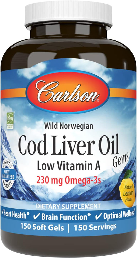 Carlson Cod Liver Oil Gems: Low Vitamin A, 230mg Omega-3s, Norwegian, Wild Caught, Sustainably Sourced - 150 Softgels