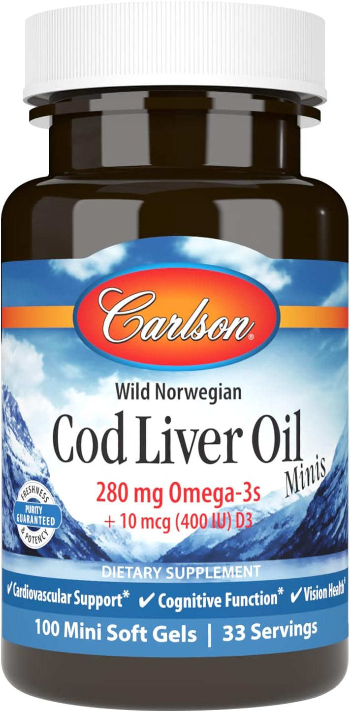 Carlson Cod Liver Oil Mini Softgels - 280mg Omega-3s, Vitamins A & D3, Norwegian, Wild Caught, Sustainably Sourced