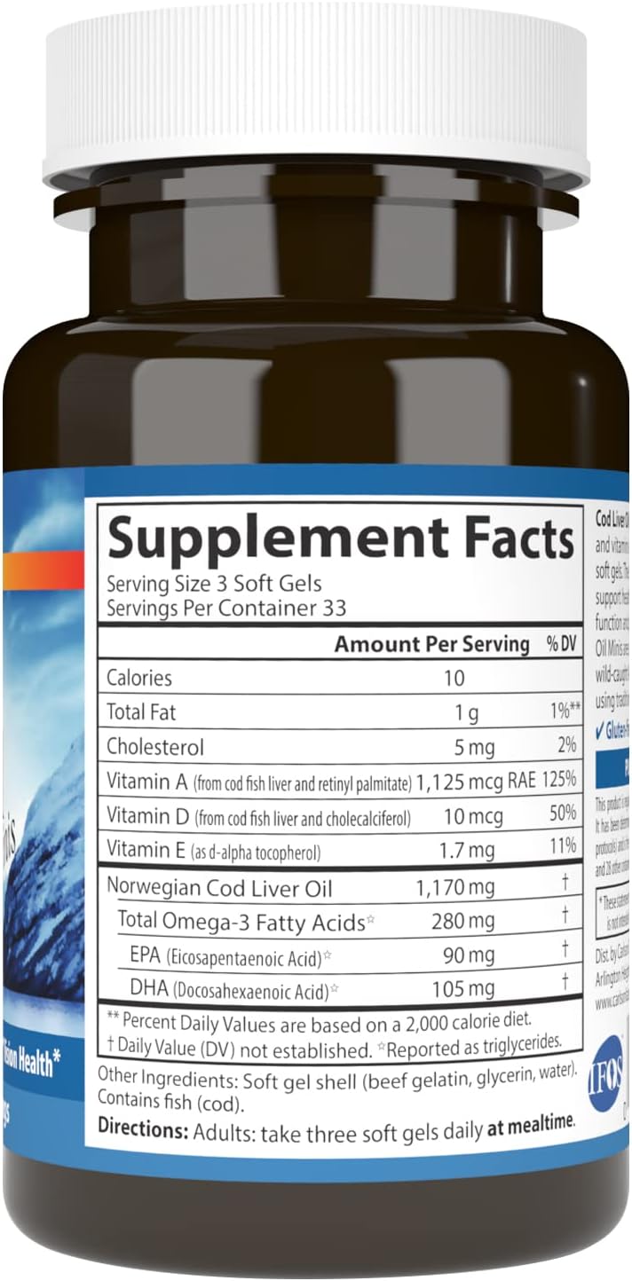 Carlson Cod Liver Oil Mini Softgels - 280mg Omega-3s, Vitamins A & D3, Norwegian, Wild Caught, Sustainably Sourced
